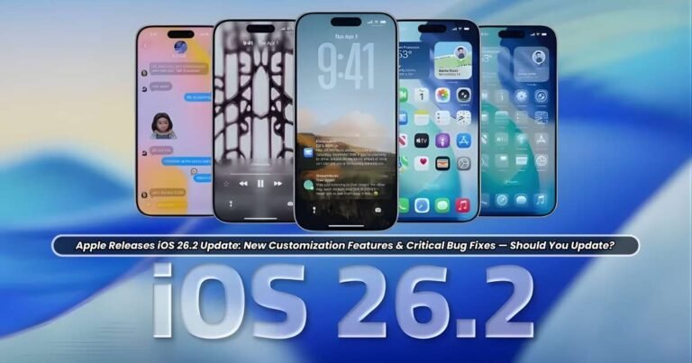 Graphic illustrating the new iOS 26.2 update screen on an iPhone, highlighting the Lock Screen clock opacity slider and the Urgent Reminders feature.