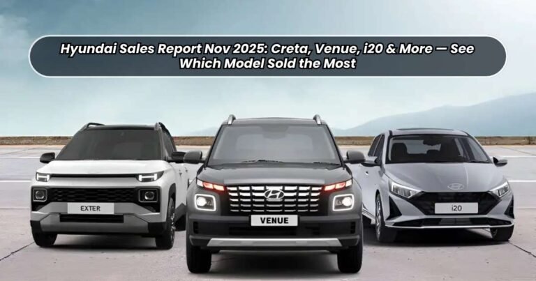 Hyundai India domestic sales data for November 2025 showing 50,340 units sold, a 4.34% YoY growth, with the Creta (17,344 units) and Venue (11,645 units) as top-selling models.
