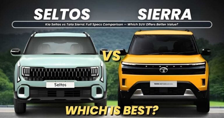 Kia Seltos vs Tata Sierra comparison graphic showing exterior design, interior space, and a price comparison, highlighting the Sierra's 622L boot and superior technology against the Seltos's lower entry price.