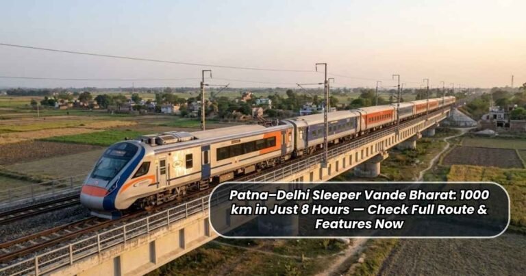 Patna–Delhi Sleeper Vande Bharat: 1000 km in Just 8 Hours — Check Full Route & Features Now Patna–Delhi Sleeper Vande Bharat Express train exterior and interior showing sleeper berths, modern facilities, route details, and high-speed 8-hour 1000 km journey.