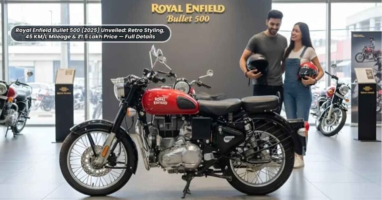 Royal Enfield Bullet 500 (2025) in a classic black finish, showcasing its iconic single-piece seat, hand-painted fuel tank pinstripes, chrome engine cover, and traditional headlamp, highlighting its blend of retro styling with modern J-Series mechanicals.