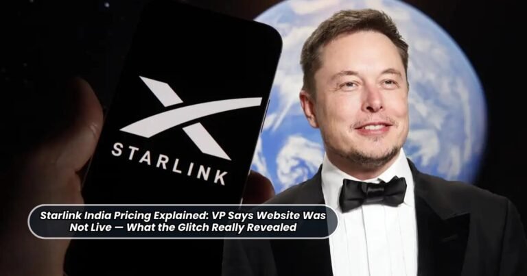 Starlink dish hardware kit with the Indian flag background, superimposed with the leaked price of ₹8,600/month and ₹34,000 hardware, contrasting with the much lower predicted market price of ₹2,500/month.